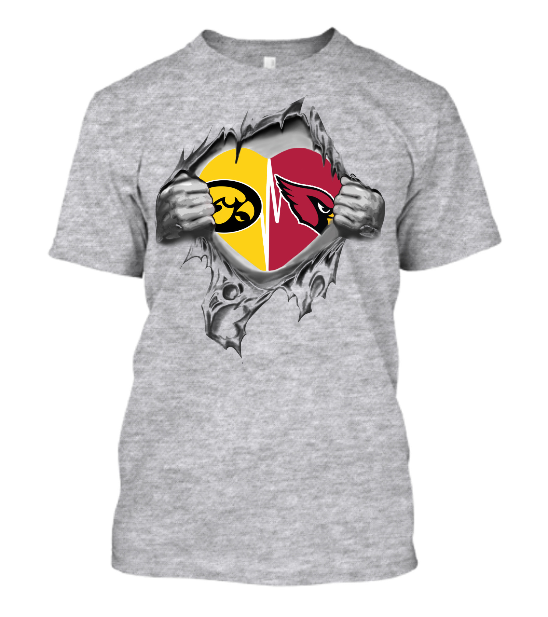 Iowa Hawkeyes Heartbeat With Cardinals Logo In Heart-Shaped Tear T-Shirt