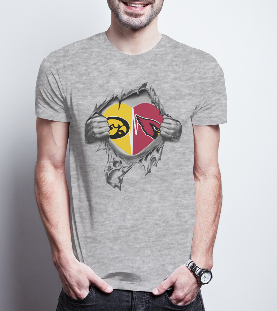 Iowa Hawkeyes Heartbeat With Cardinals Logo In Heart-Shaped Tear T-Shirt