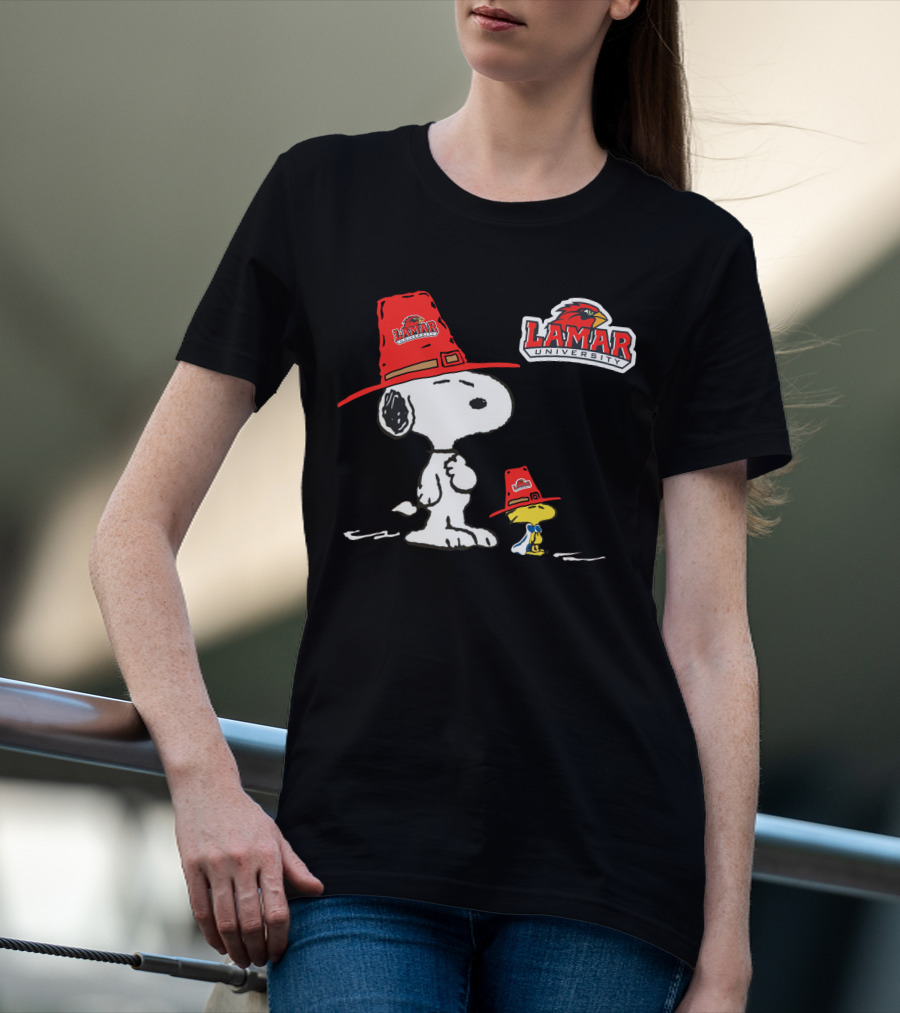 Lamar University Snoopy Woodstock Red Hat T-Shirt
