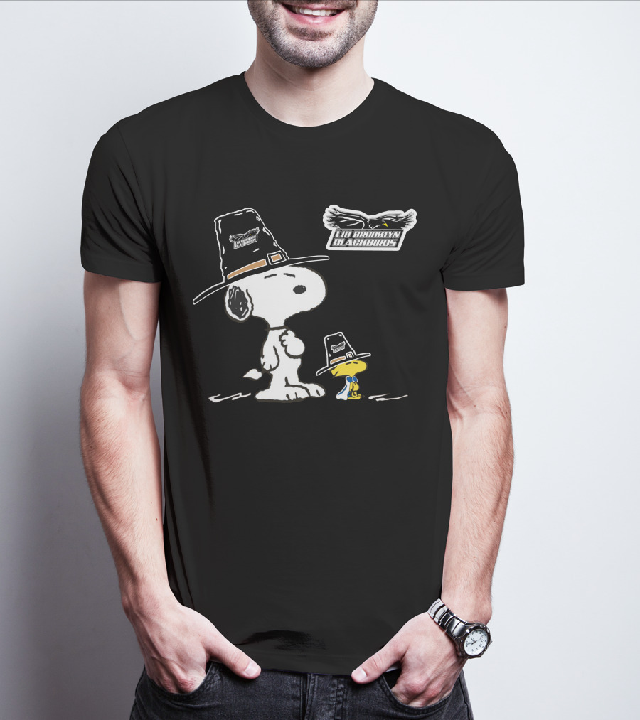 LIU Brooklyn Blackbirds Snoopy And Woodstock Pilgrim Hats T-Shirt