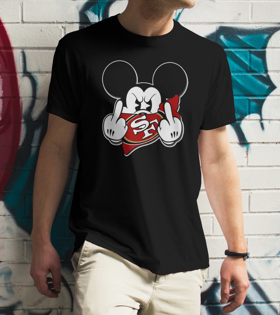 Mickey Mouse With San Francisco 49ers Logo And Offensive Gesture T-Shirt