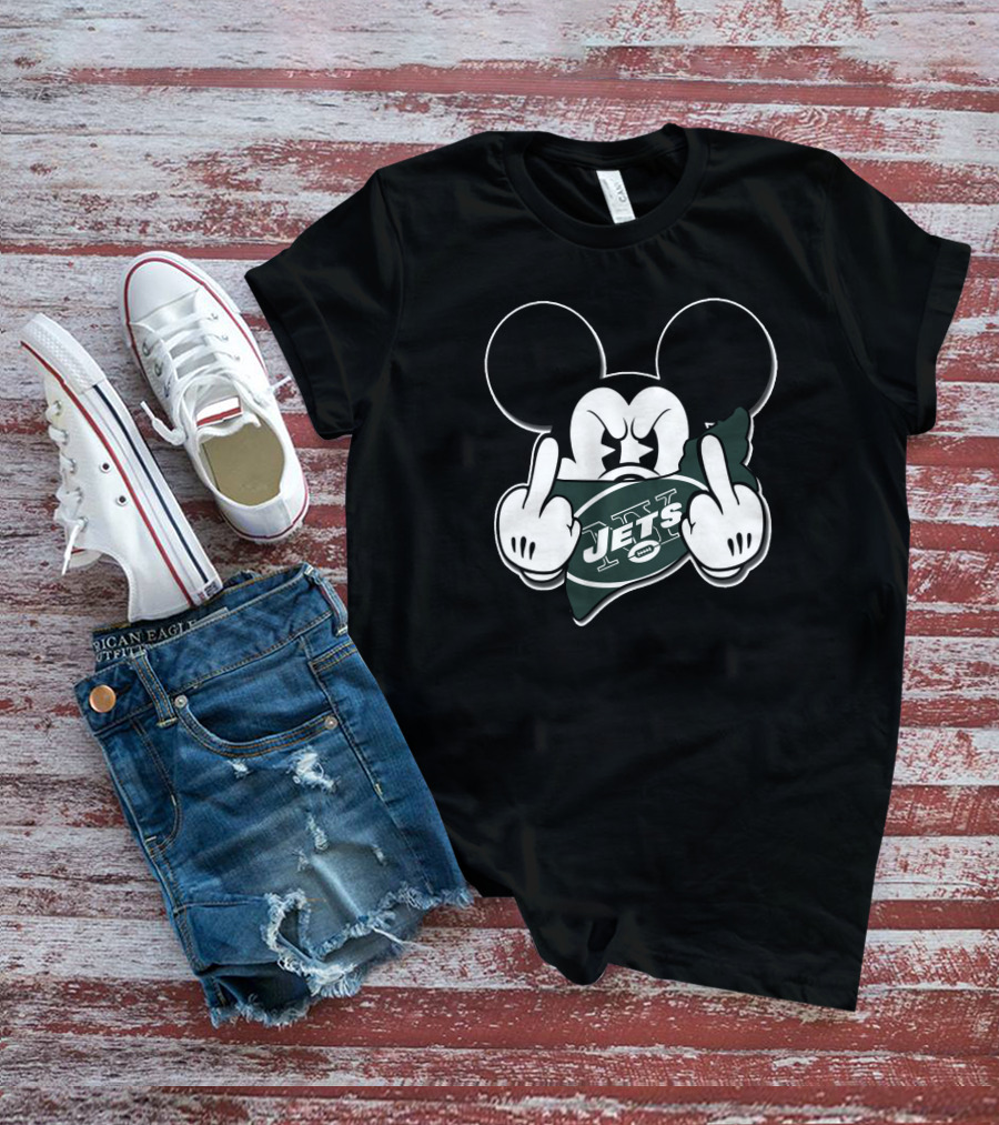Mickey Mouse Holding New York Jets Football Logo With Gesture T-Shirt