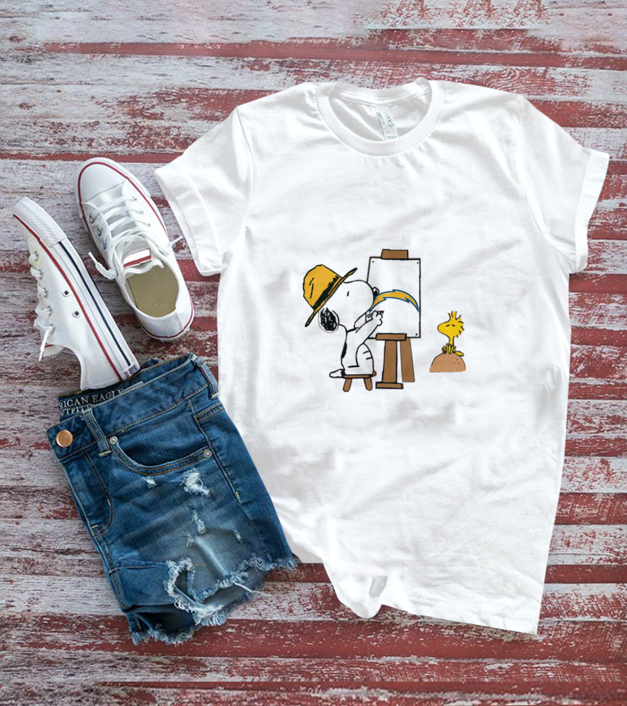 Snoopy Painting Chargers Logo With Woodstock T-Shirt