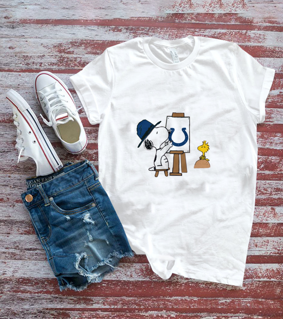 Snoopy Painting Indianapolis Colts Logo With Woodstock T-Shirt