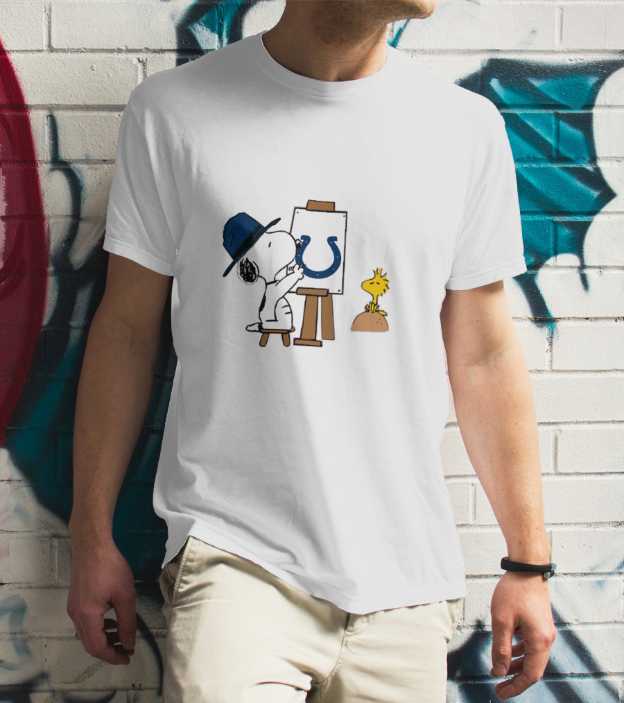 Snoopy Painting Indianapolis Colts Logo With Woodstock T-Shirt
