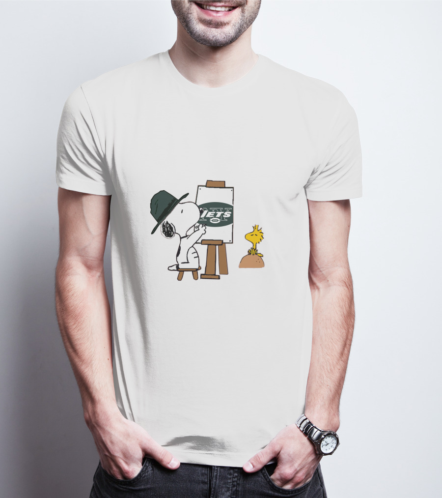 Painter Snoopy With Jets Logo And Woodstock T-Shirt