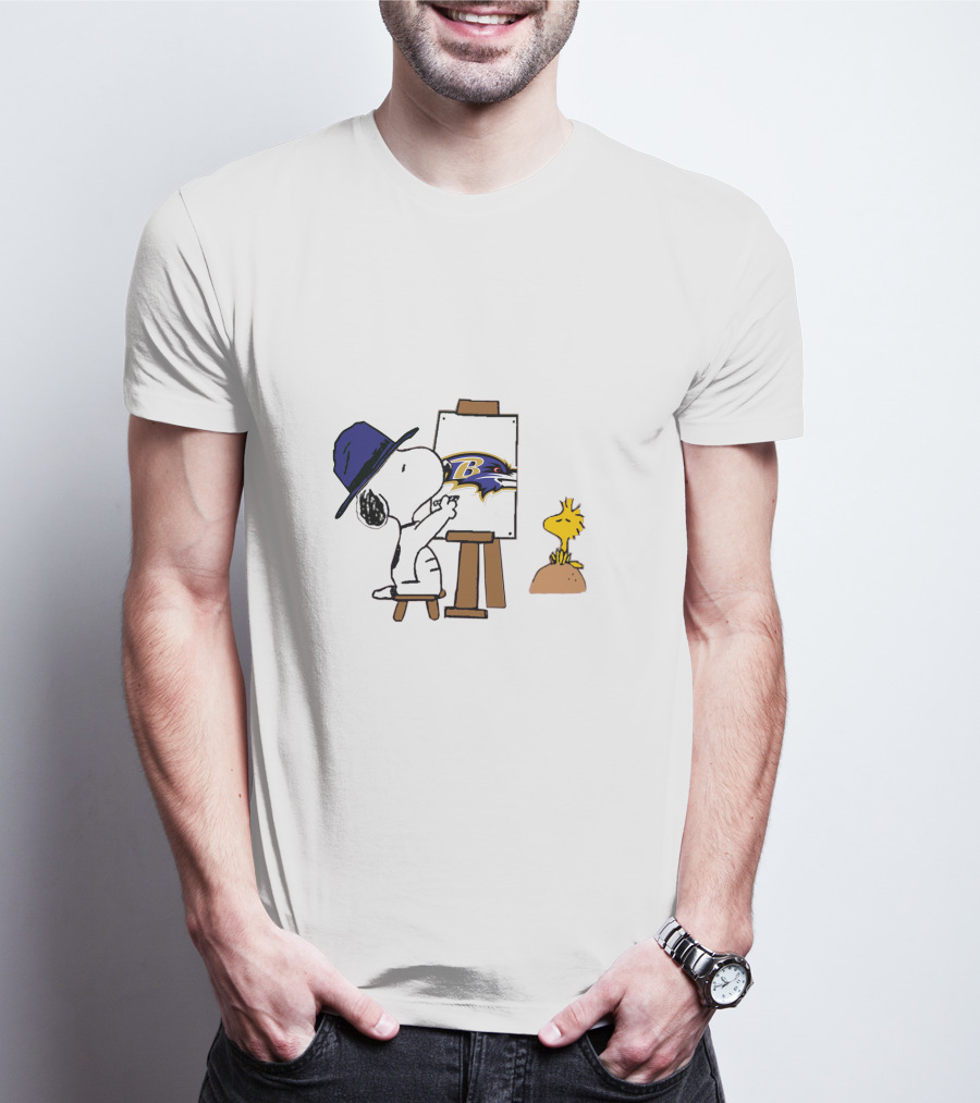 Snoopy Painting Baltimore Ravens Logo With Woodstock T-Shirt