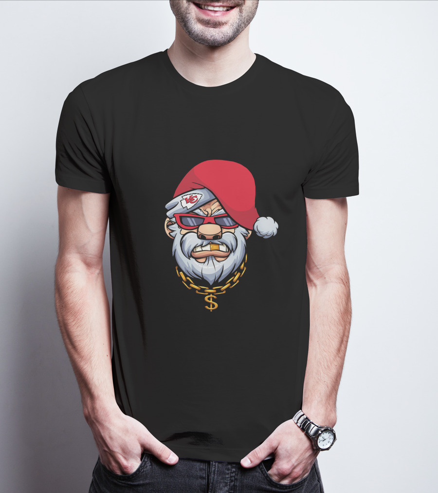 Chiefs Gangster Santa With Chain And Red Hat Sporting Sunglasses And Kansas City T-Shirt