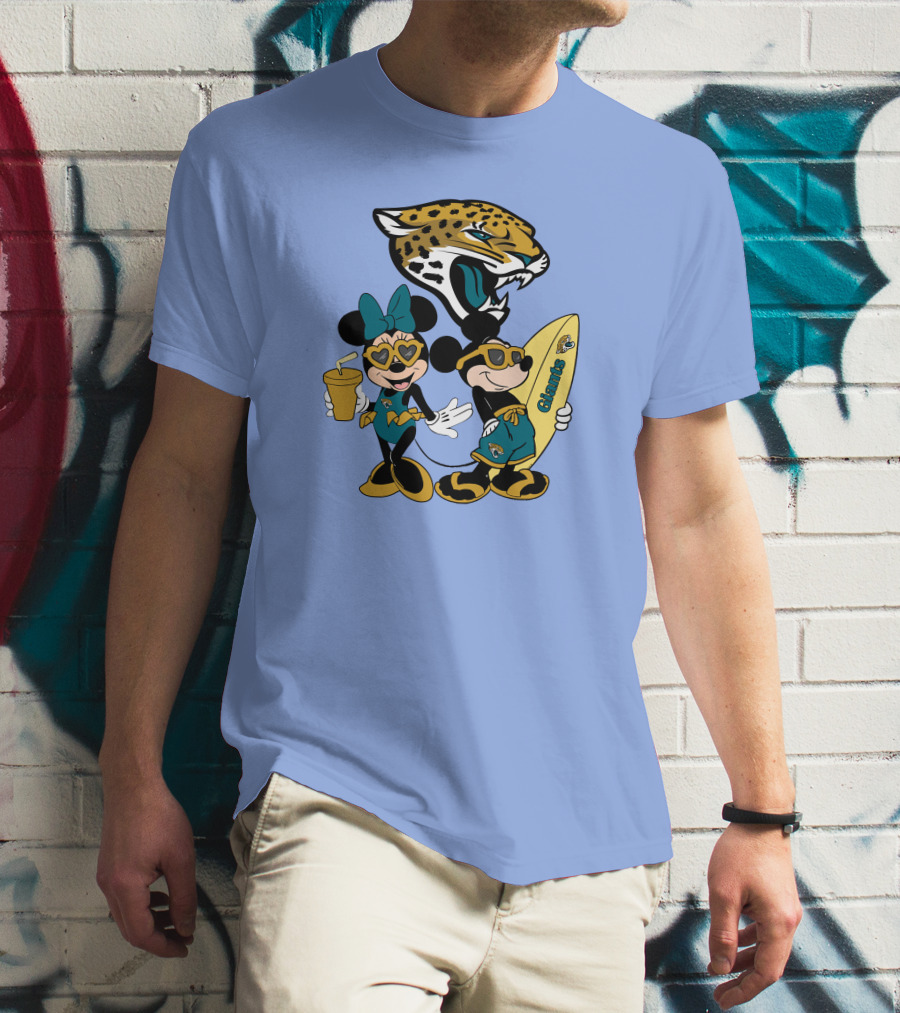 Jaguars Mickey And Minnie Happy Vacation With Surfboard And Drink T-Shirt