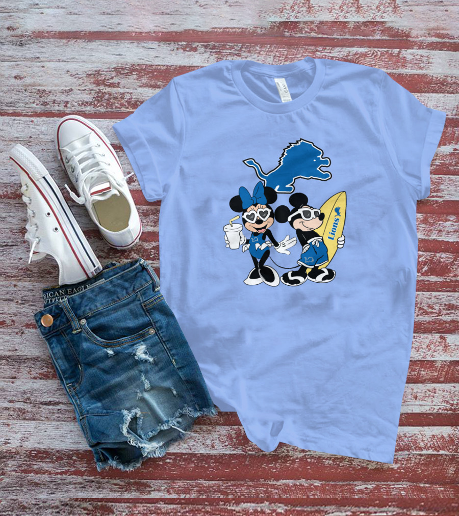 Lions Mickey And Minnie Happy Vacation With Surfboard And Drink T-Shirt