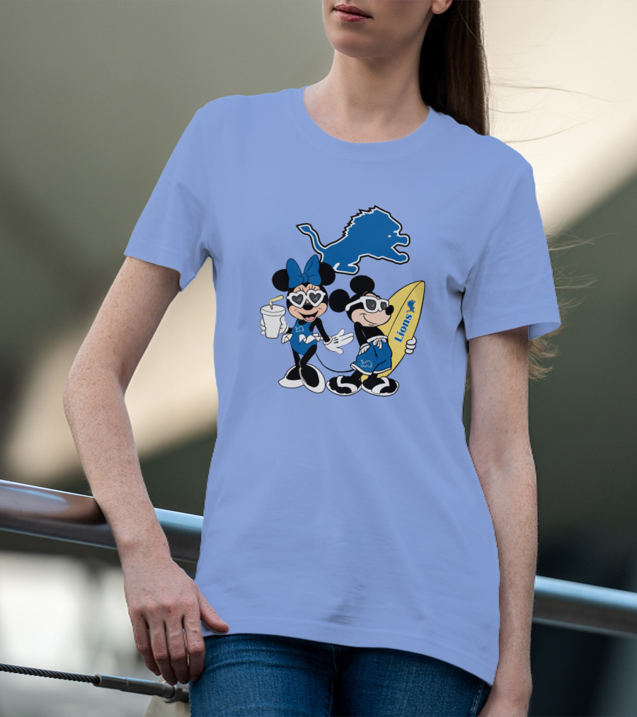 Lions Mickey And Minnie Happy Vacation With Surfboard And Drink T-Shirt
