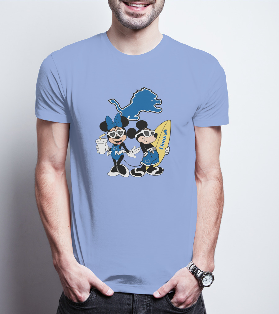 Lions Mickey And Minnie Happy Vacation With Surfboard And Drink T-Shirt