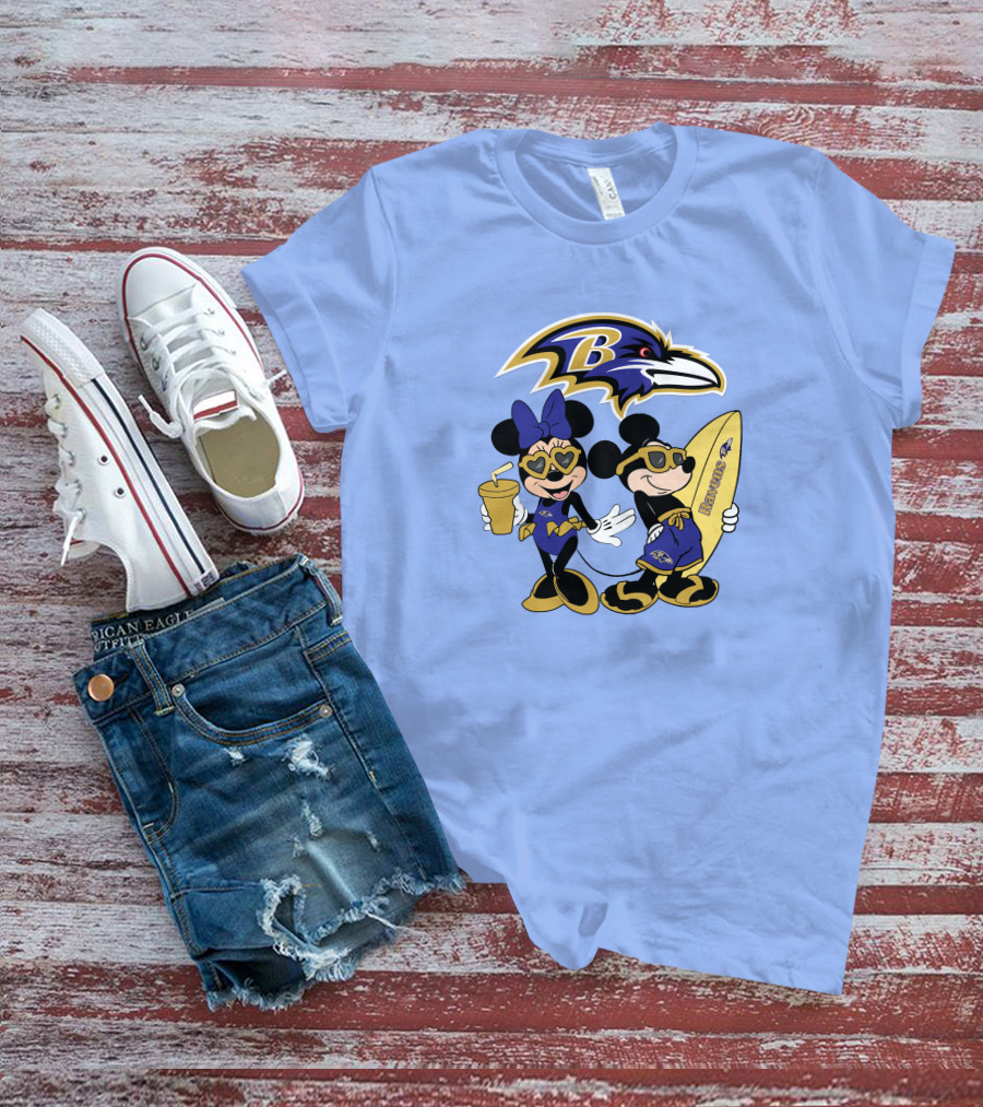 Ravens Mickey Minnie Vacation Surfing Football Fan Celebration T-Shirt