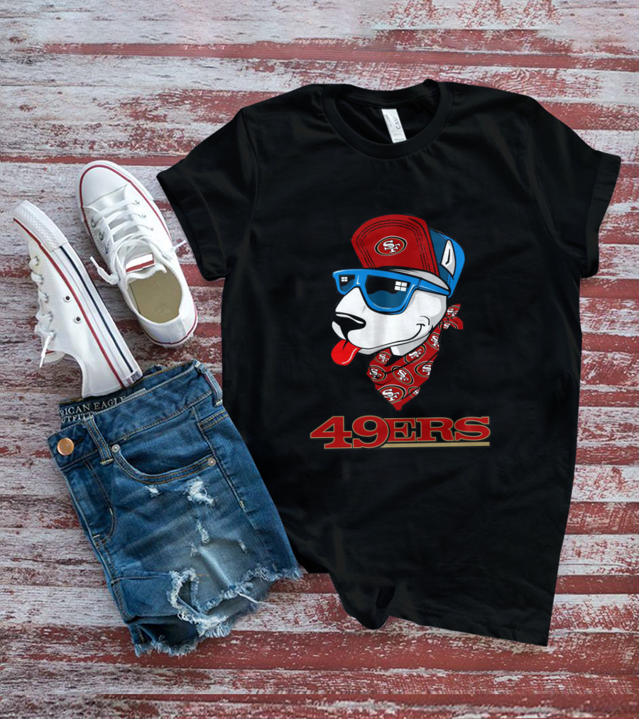 49ers Bull Terrier San Francisco Style Dog Wearing Logo Hat And Sunglasses T-Shirt
