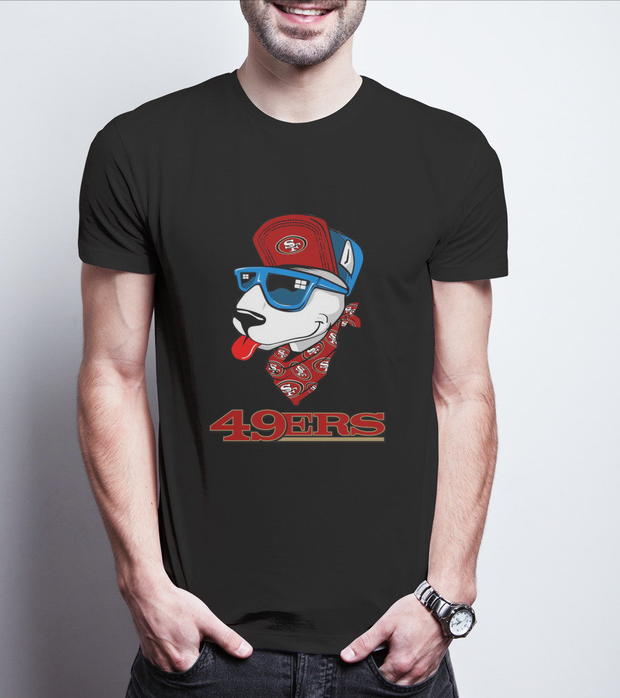 49ers Bull Terrier San Francisco Style Dog Wearing Logo Hat And Sunglasses T-Shirt