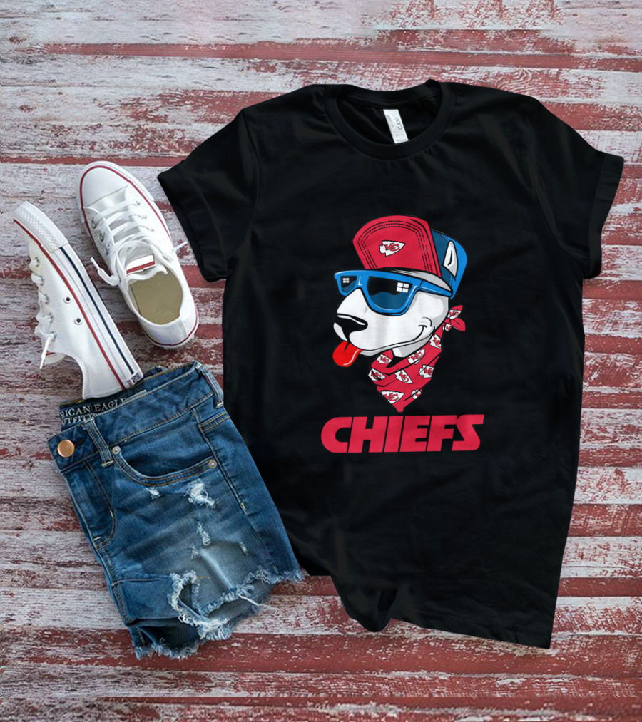 Chiefs Bull Terrier With Red Cap And Sunglasses T-Shirt
