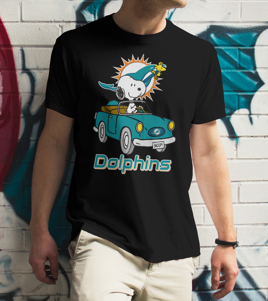Miami Dolphins Snoopy Driving Car With Woodstock T-Shirt