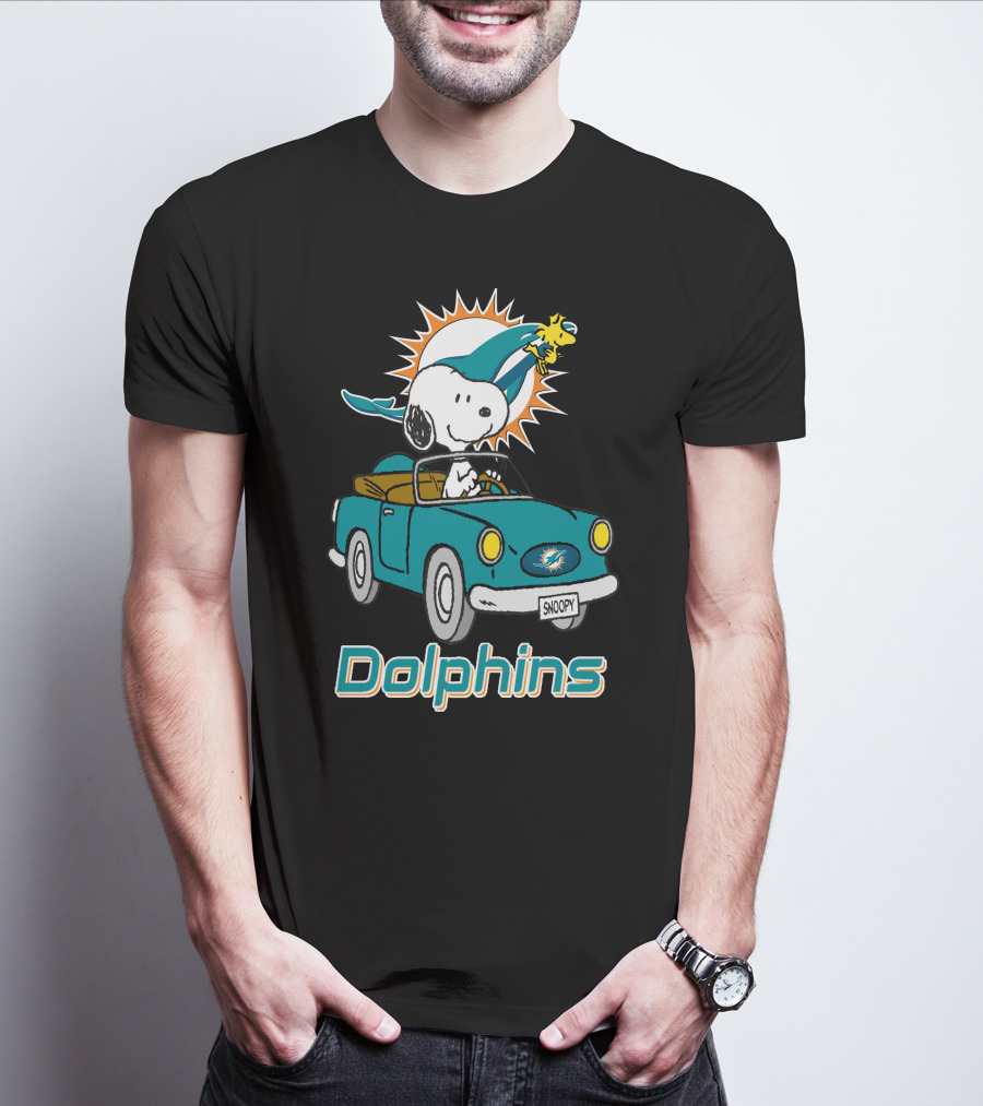 Miami Dolphins Snoopy Driving Car With Woodstock T-Shirt