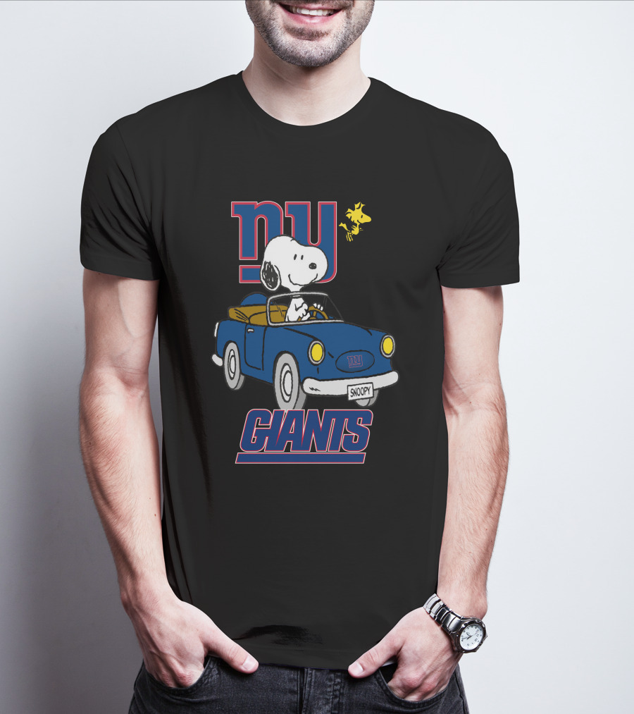 NY Giants Snoopy And Woodstock In Blue Car Ride T-Shirt
