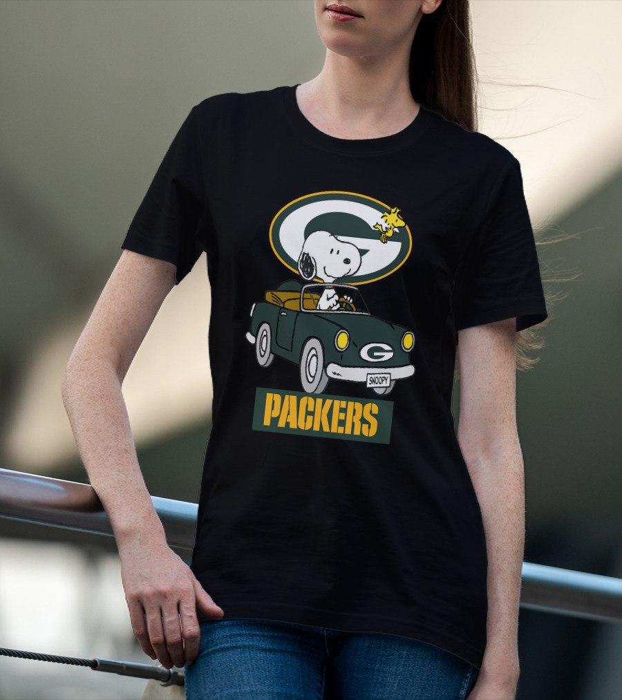 Packers Snoopy Driving Car With Woodstock And Packers T-Shirt