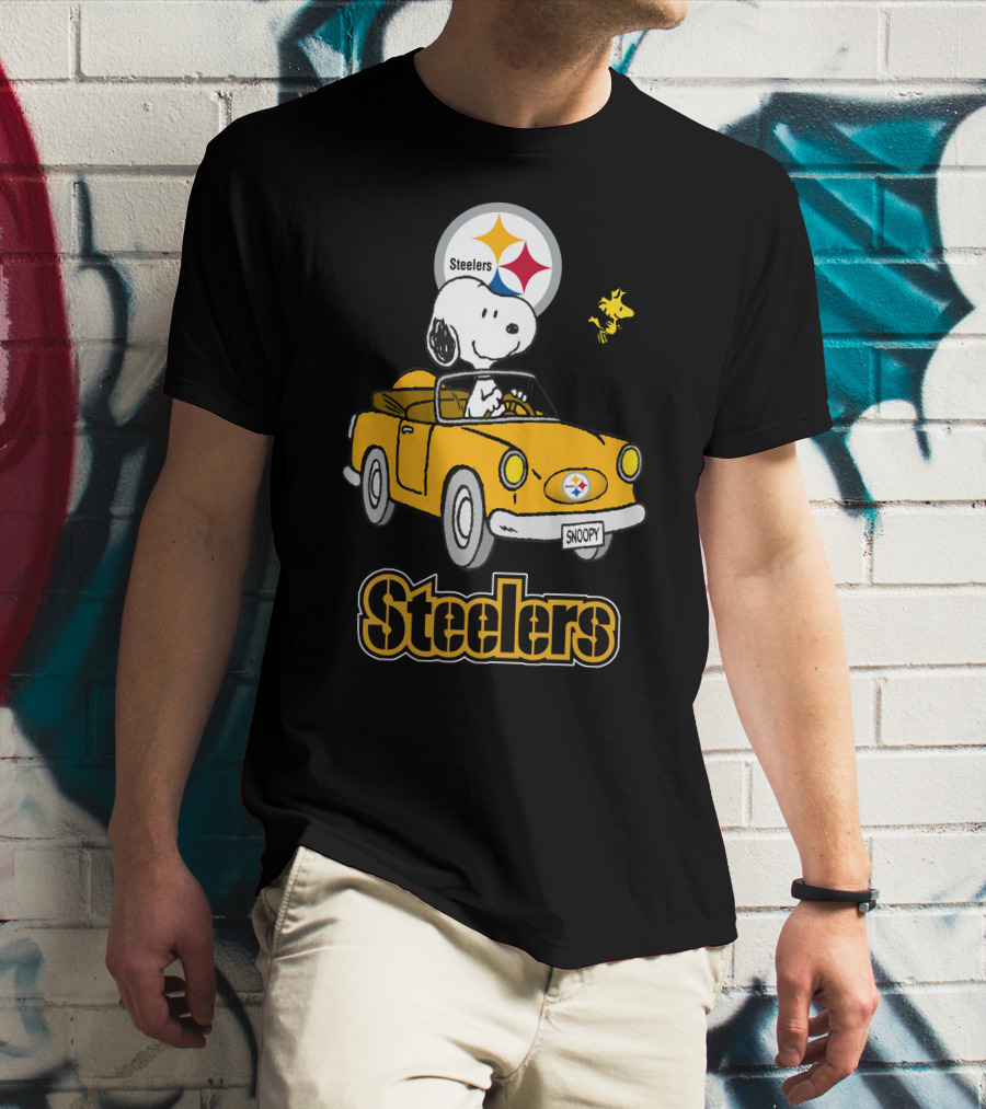 Steelers Snoopy Driving With Woodstock In Yellow Car T-Shirt
