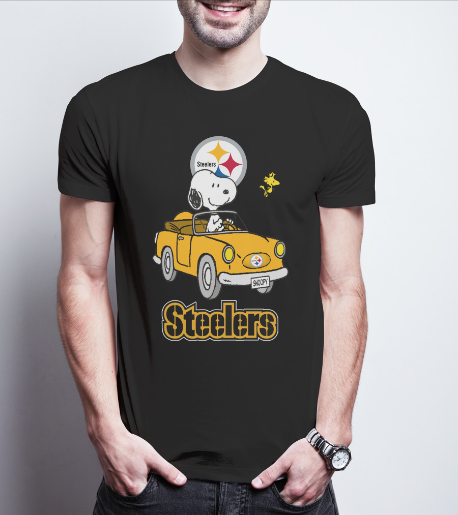 Steelers Snoopy Driving With Woodstock In Yellow Car T-Shirt
