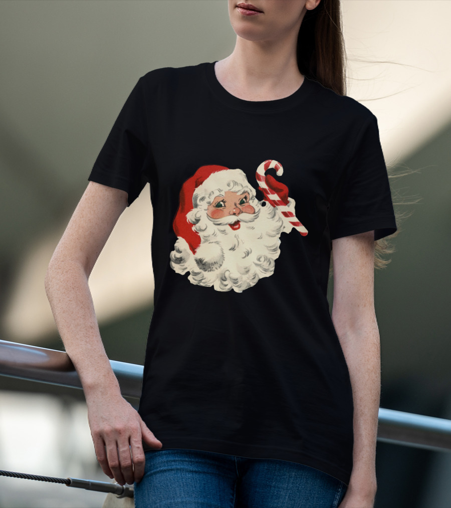 Retro Santa Claus Candy Cane Vintage Christmas T-Shirt