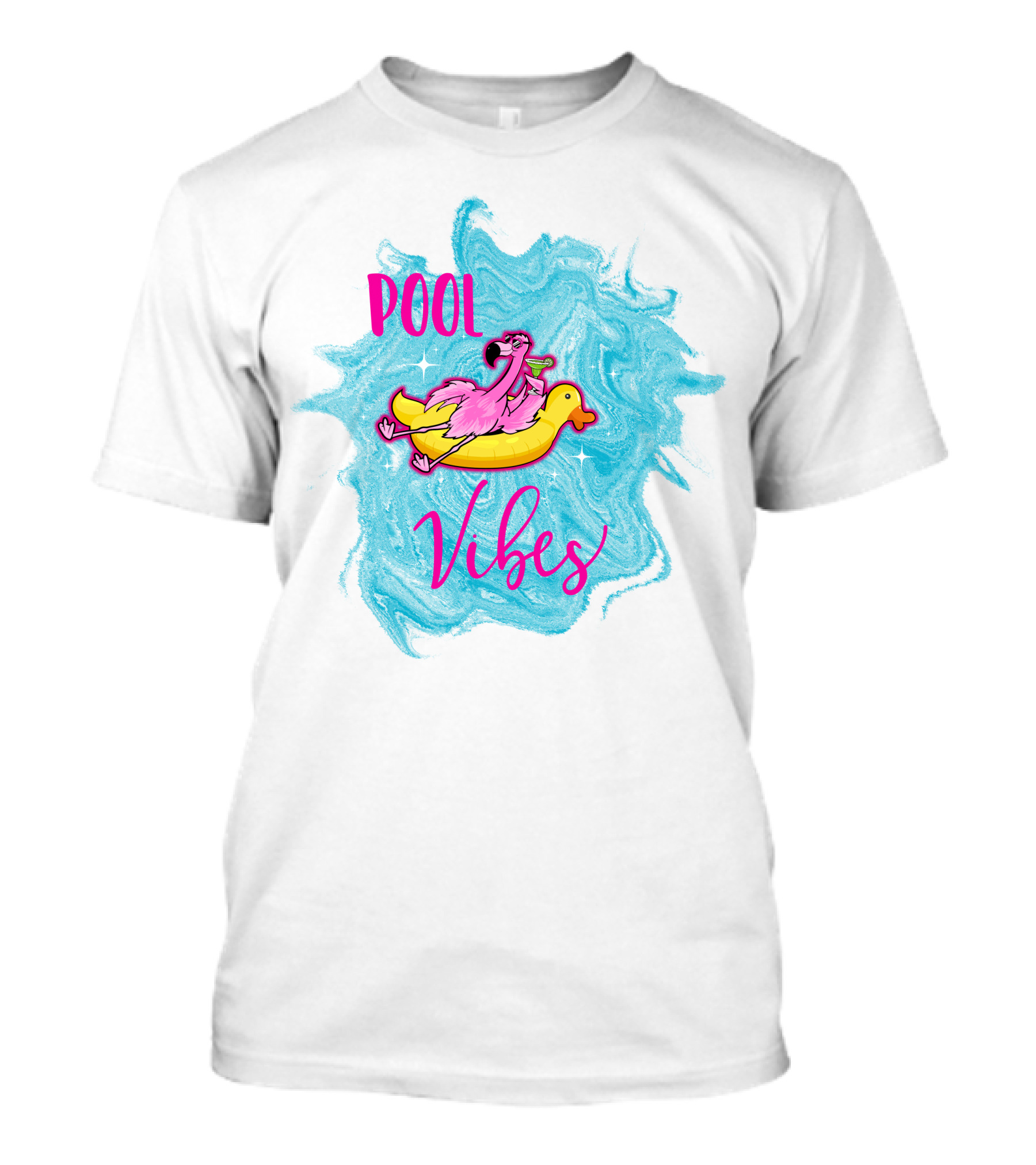 Pool Vibes Flamingo On Inflatable Duck With Blue Swirl Background T-Shirt