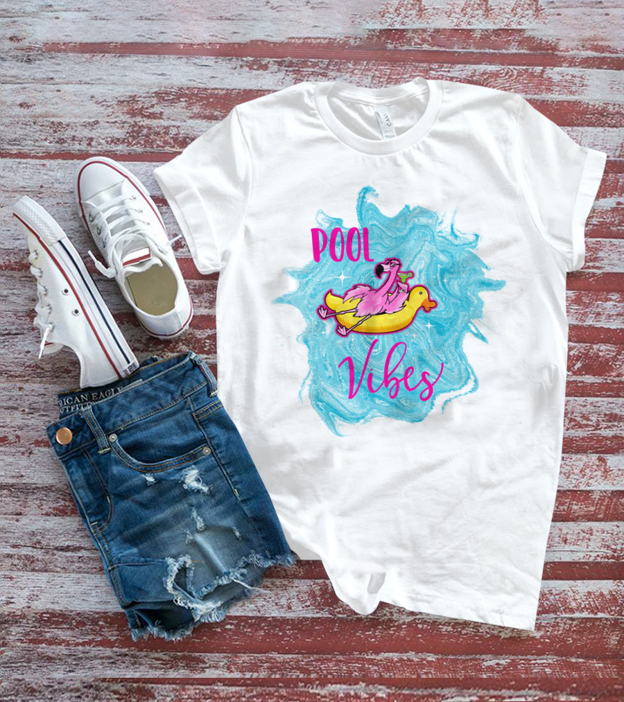 Pool Vibes Flamingo On Inflatable Duck With Blue Swirl Background T-Shirt