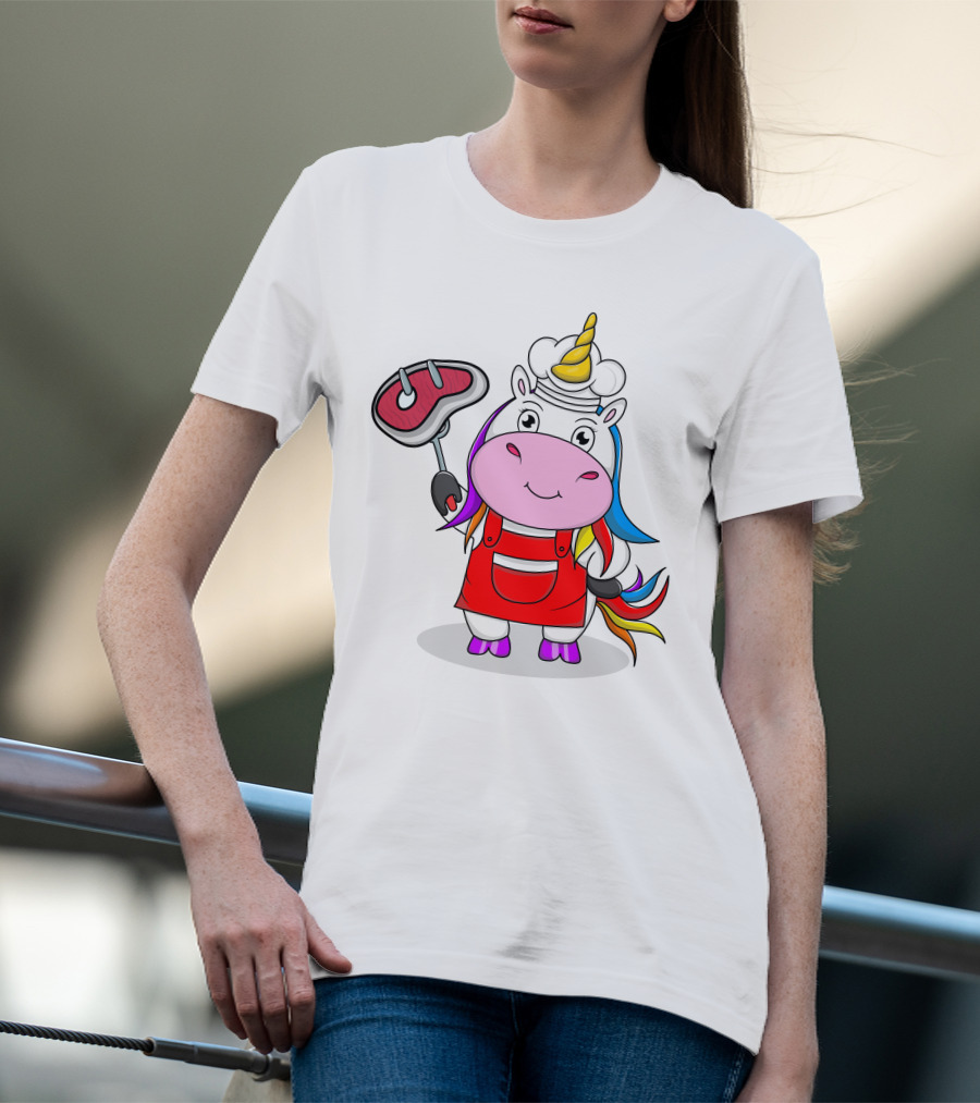 Barbecue Unicorn Chef With Rainbow Mane And Grilled Steak T-Shirt
