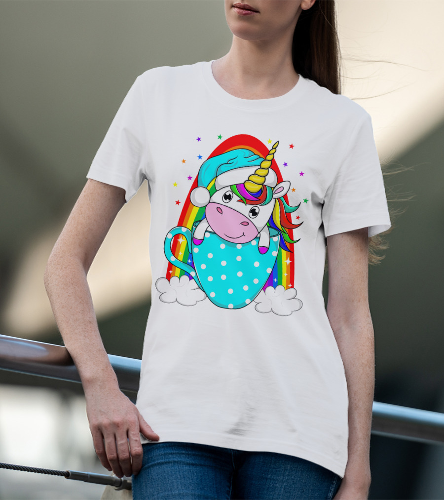 Christmas Unicorn In Cup Rainbow Santa Hat Stars T-Shirt