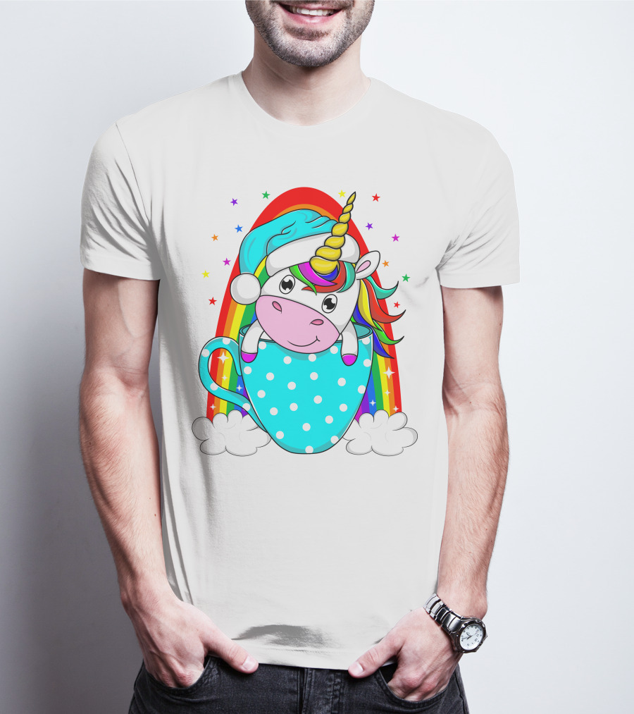 Christmas Unicorn In Cup Rainbow Santa Hat Stars T-Shirt
