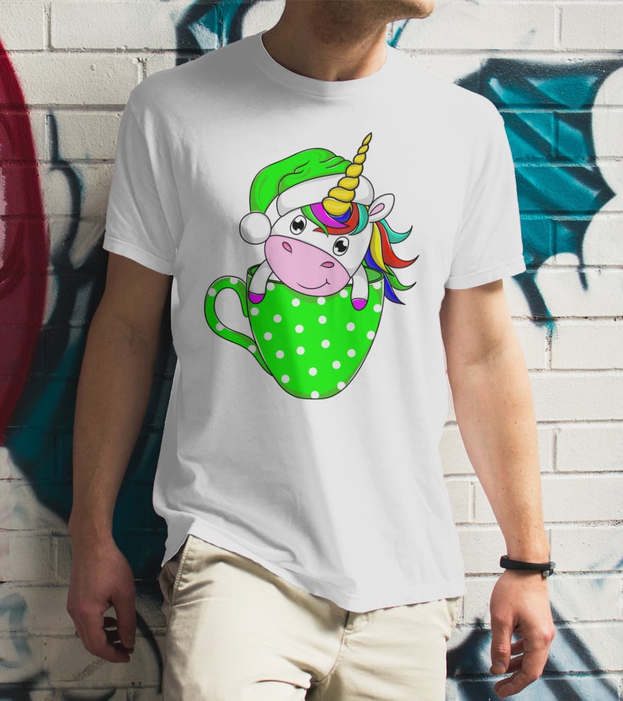 Funny Christmas Unicorn In Santa Hat With Green Polka Dot Cup T-Shirt