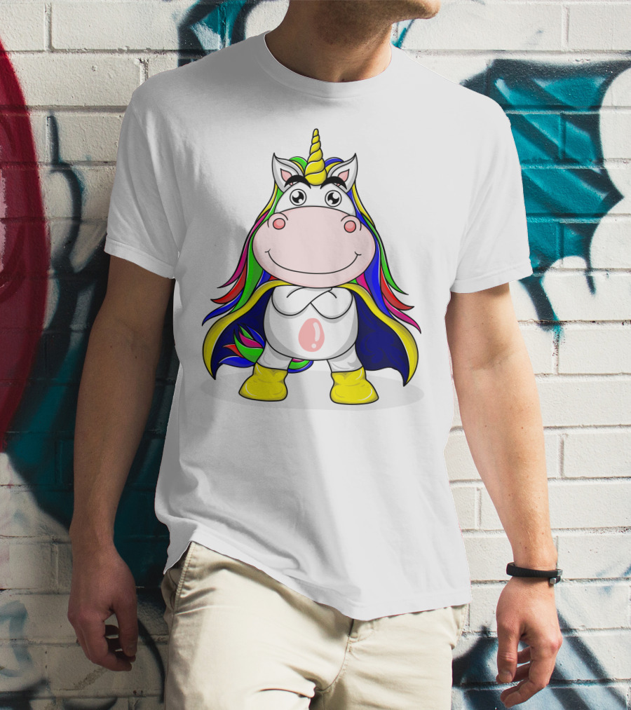 Superhero Unicorn With Rainbow Cape And Yellow Boots T-Shirt