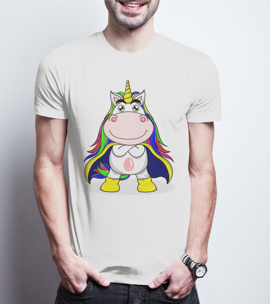 Superhero Unicorn With Rainbow Cape And Yellow Boots T-Shirt