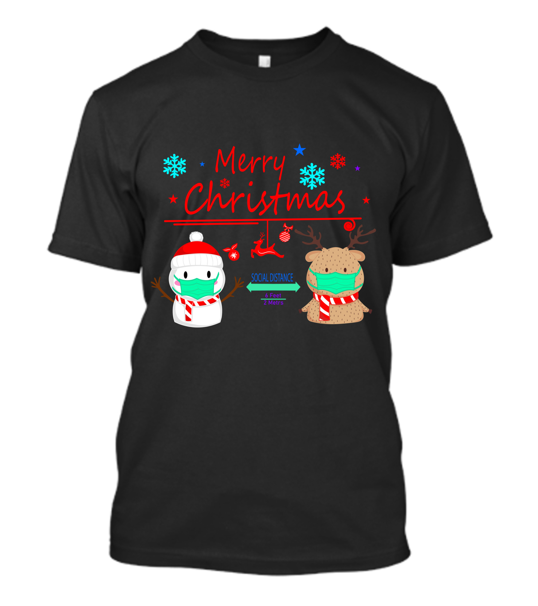 Merry Christmas Social Distance Snowman And Reindeer With Masks T-Shirt
