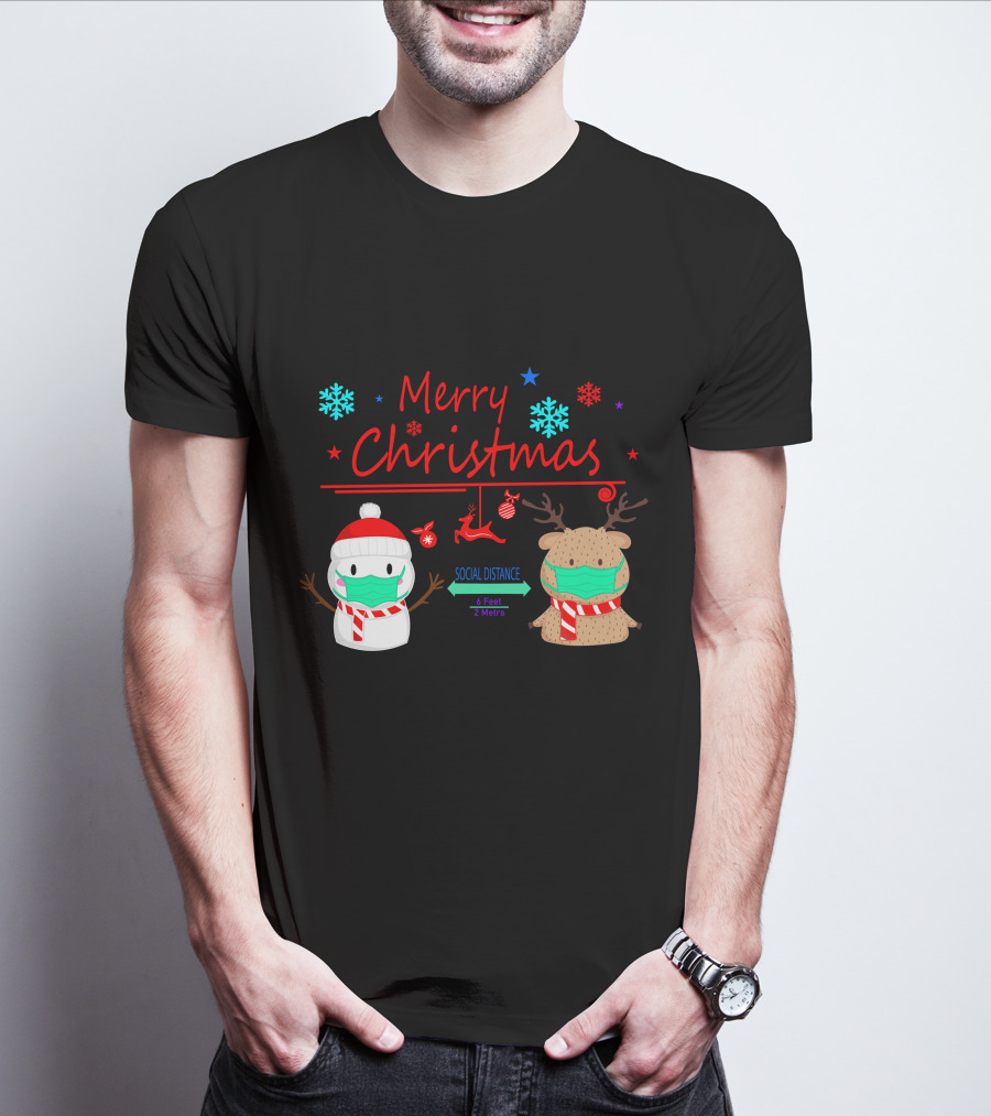 Merry Christmas Social Distance Snowman And Reindeer With Masks T-Shirt