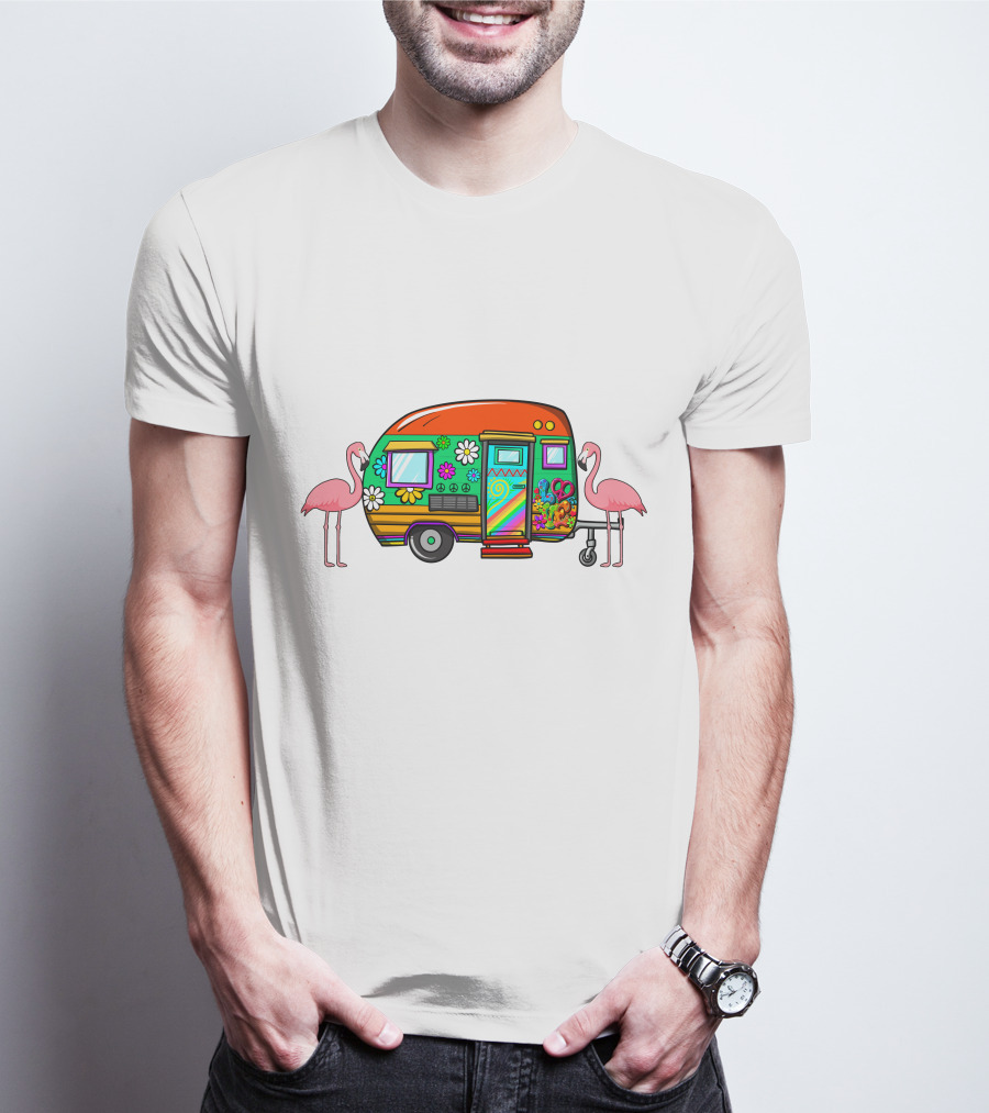 Flamingo Camping Retro Floral Caravan T-Shirt