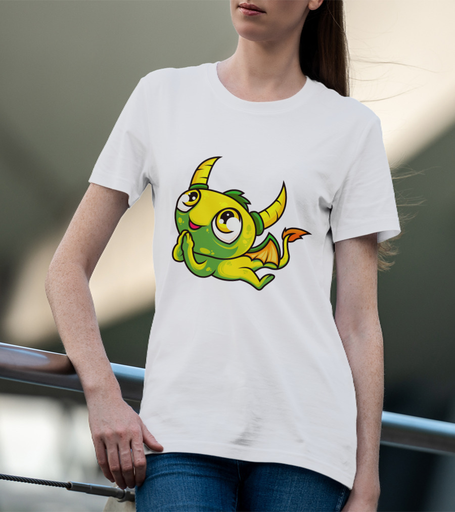 Cute Dragon Wishing Adorable Green And Yellow Horned Fantasy Character T-Shirt