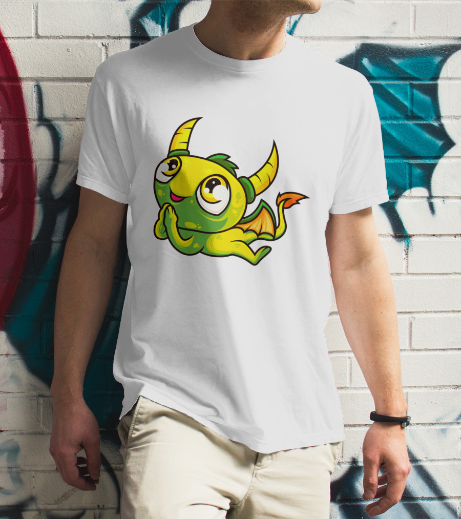 Cute Dragon Wishing Adorable Green And Yellow Horned Fantasy Character T-Shirt