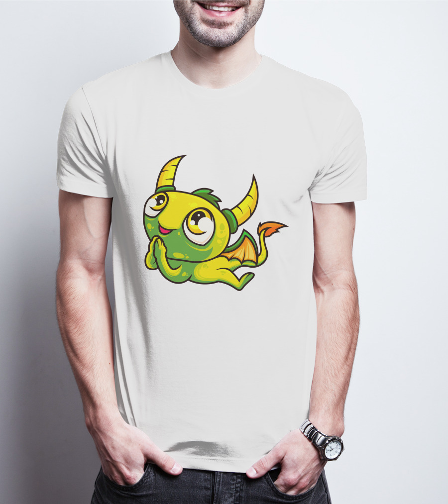 Cute Dragon Wishing Adorable Green And Yellow Horned Fantasy Character T-Shirt