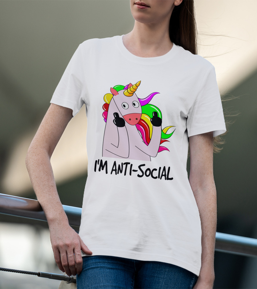 I'm Anti-Social Unicorn Colorful Rainbow Mane Black Gloves T-Shirt