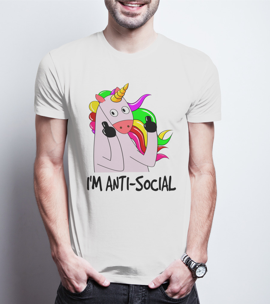 I'm Anti-Social Unicorn Colorful Rainbow Mane Black Gloves T-Shirt