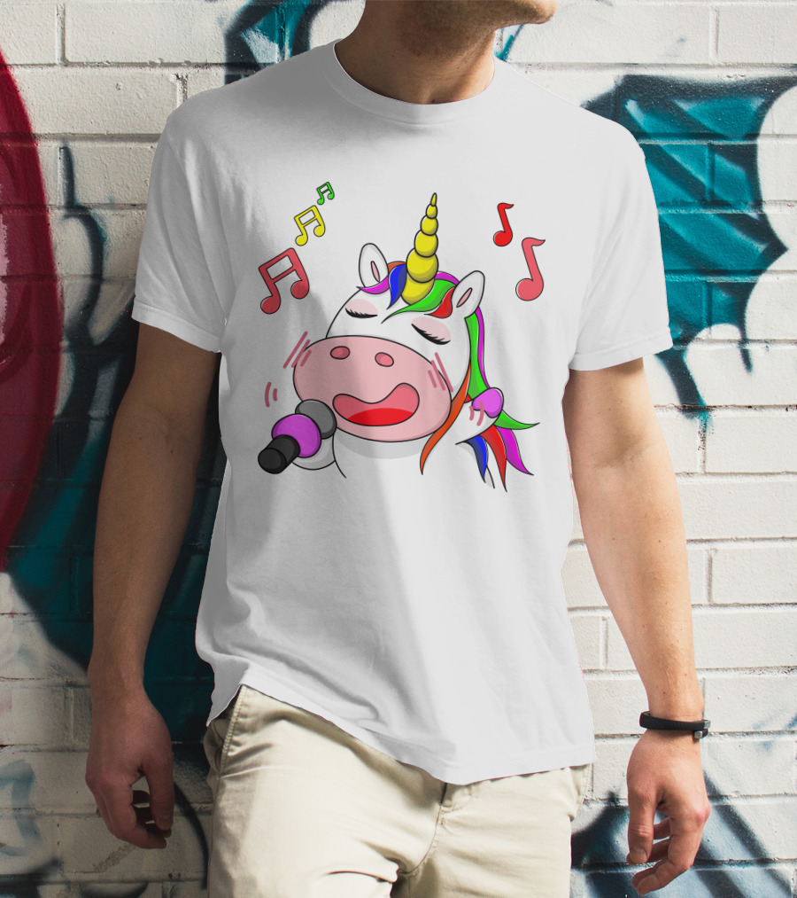 Unicorn Singing With Colorful Microphone And Musical Notes T-Shirt