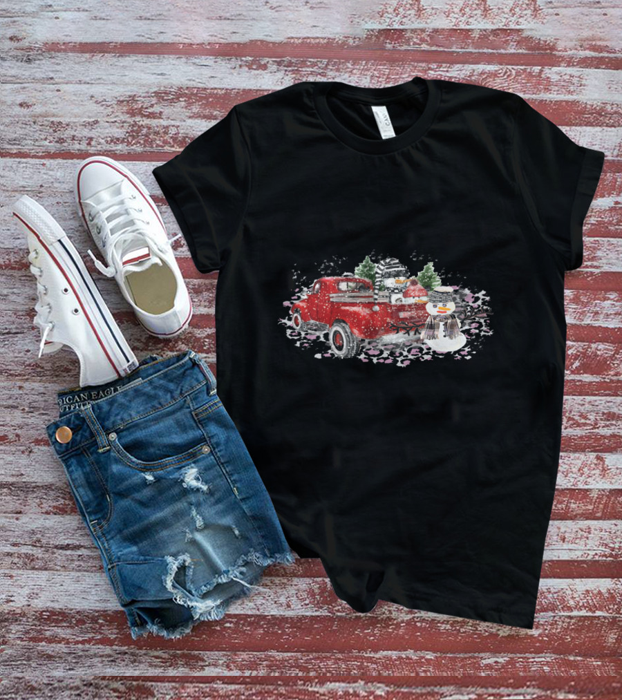 Christmas Snowman Truck Red Watercolor Snow Scene T-Shirt