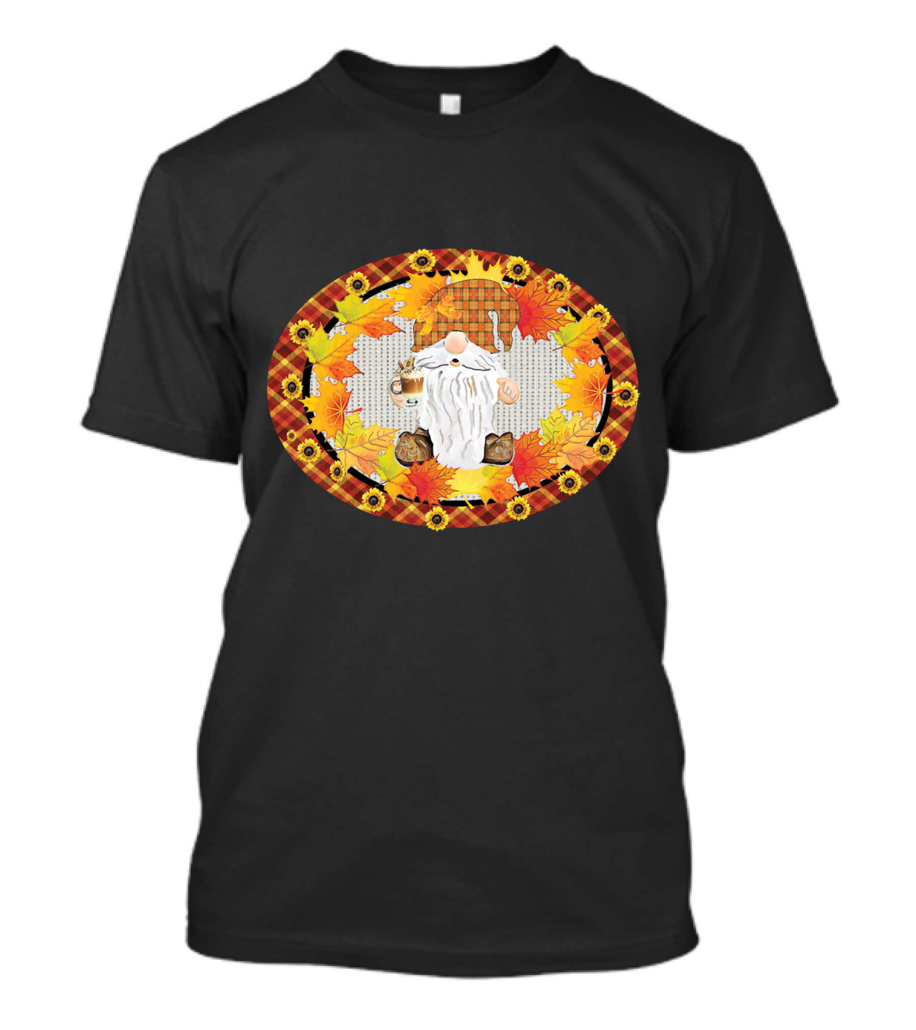 Fall Gnome With Coffee Mug Surrounded By Autumn Leaves And Sunflowers T-Shirt
