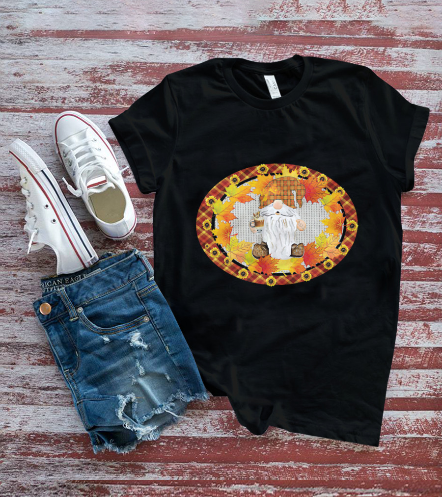 Fall Gnome With Coffee Mug Surrounded By Autumn Leaves And Sunflowers T-Shirt