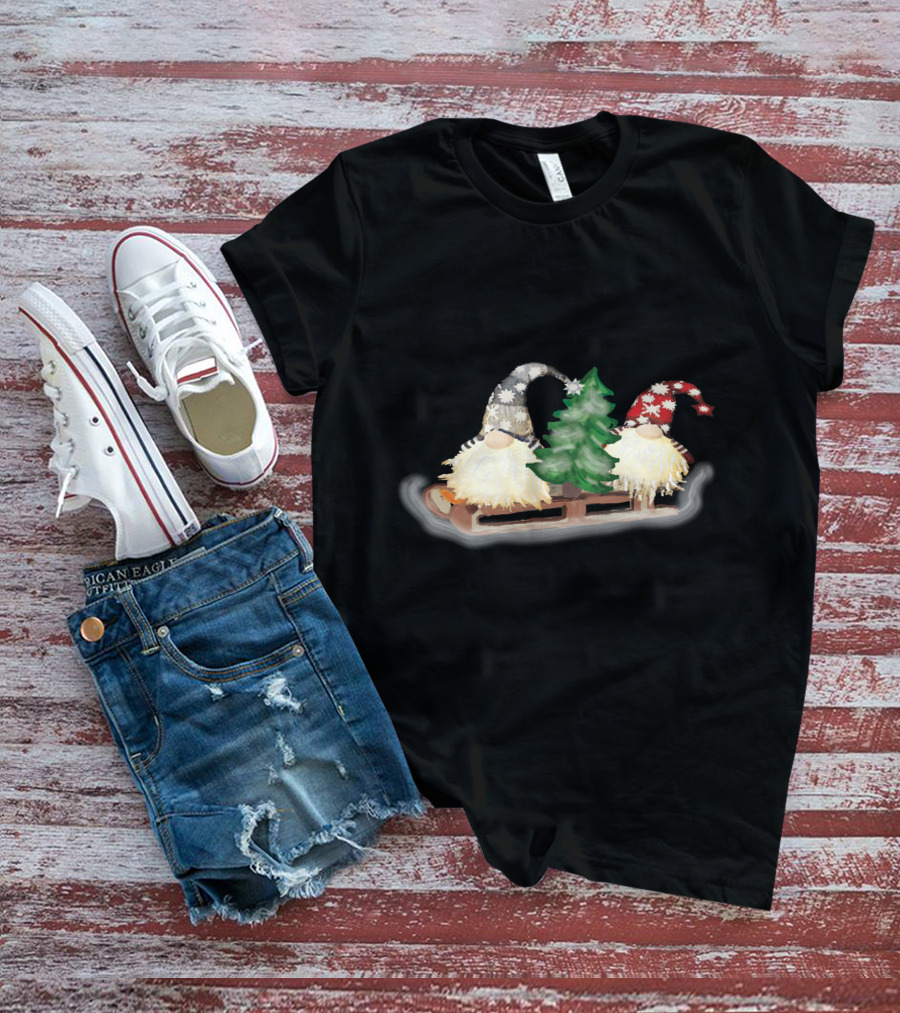 Gnomes On Sleigh With Christmas Tree And Snowflake Hats T-Shirt