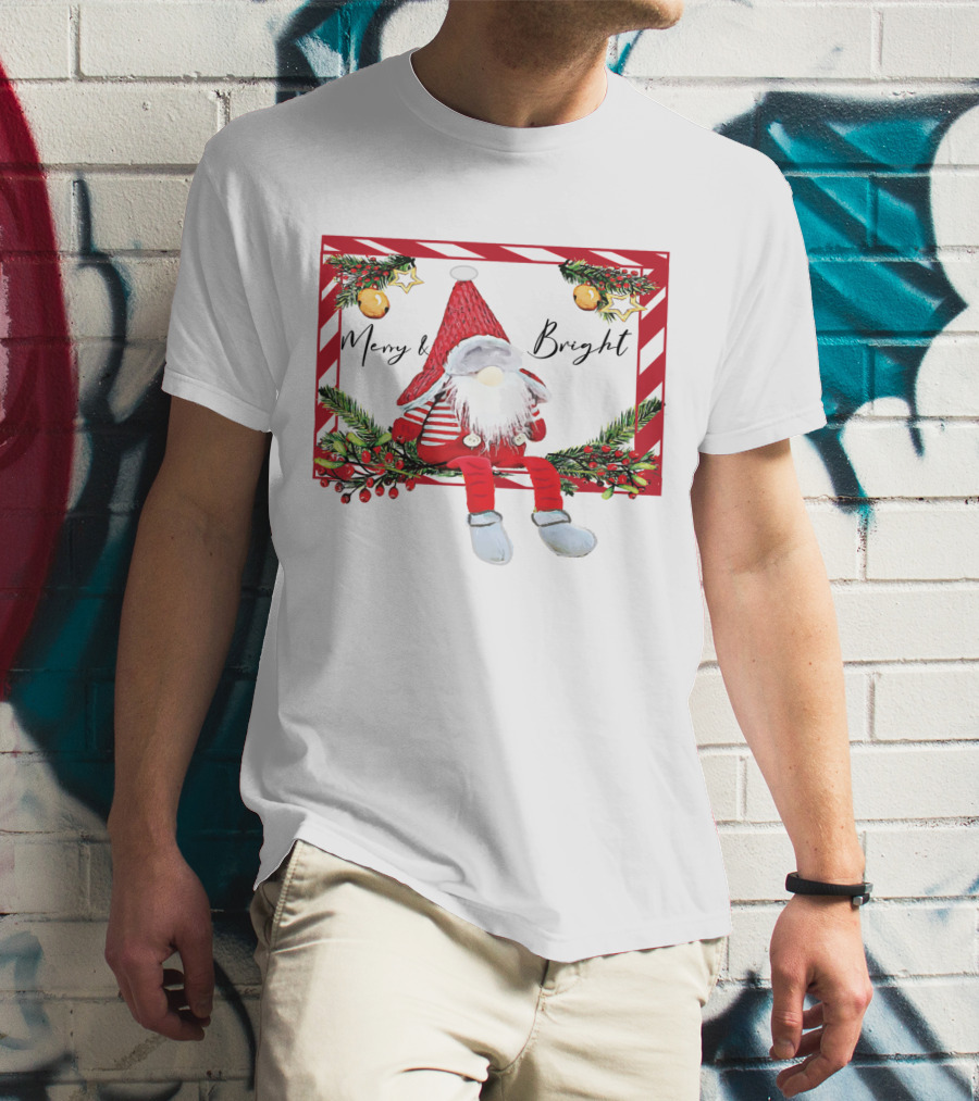 Merry And Bright Gnome Candy Cane Christmas Holiday T-Shirt