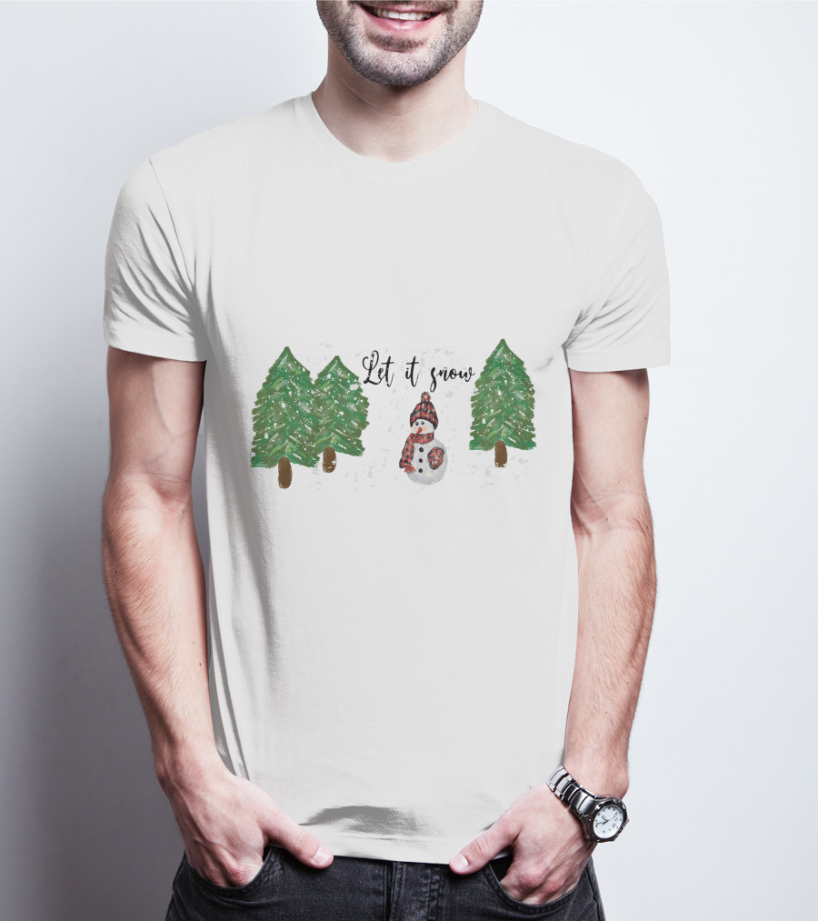 Let It Snow Watercolor Snowman And Pine Trees T-Shirt